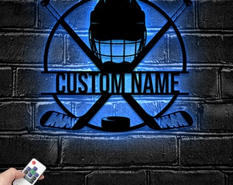 Luce LED personalizzata per decorazione da parete in metallo per hockey su ghiaccio - Decorazione per la casa con insegna personalizzata per giocatore - - Ideale per decorazioni per la casa e