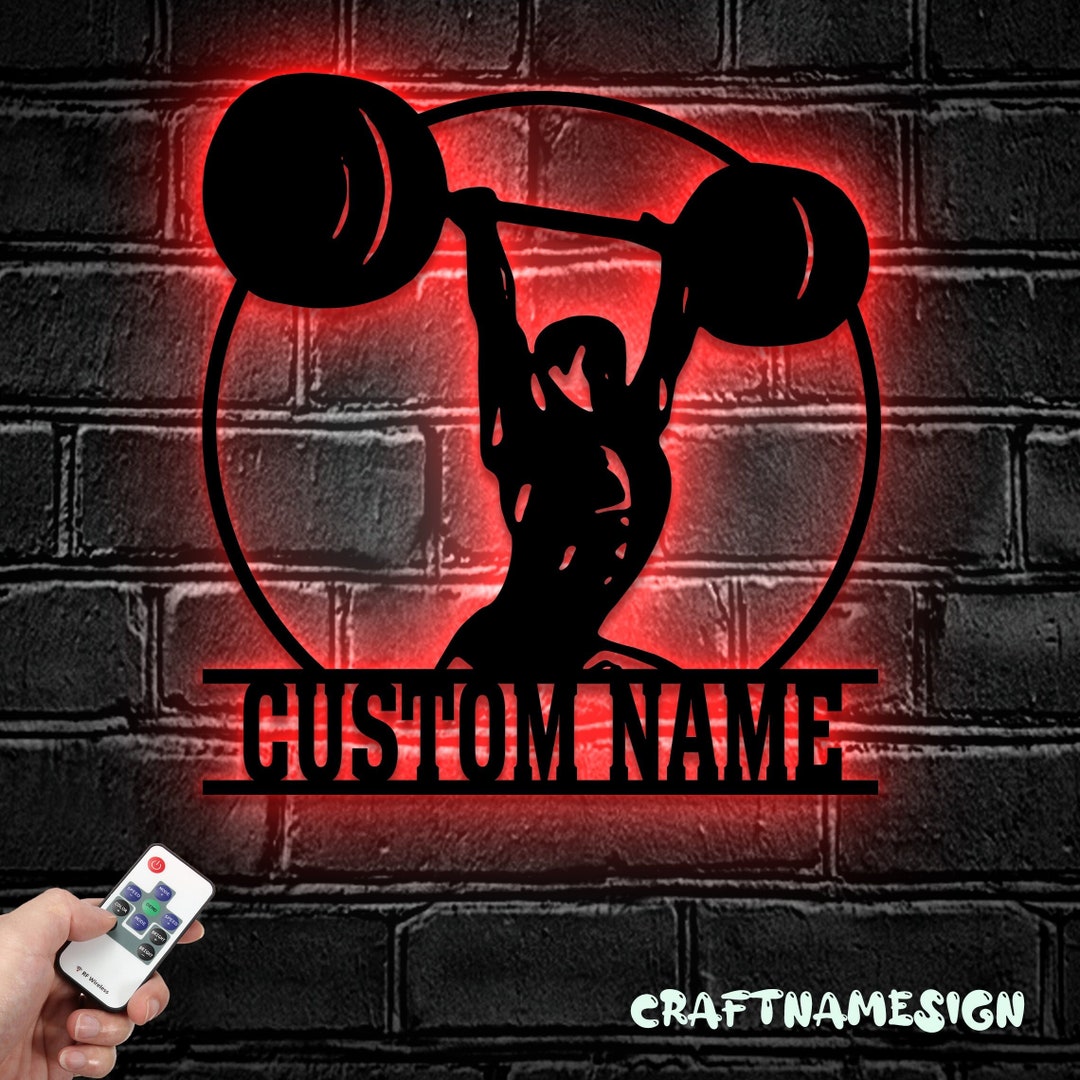 Custom Powerlifting Workout Metal Wall Art LED Light Personalized Deadlift Barbell Name Sign