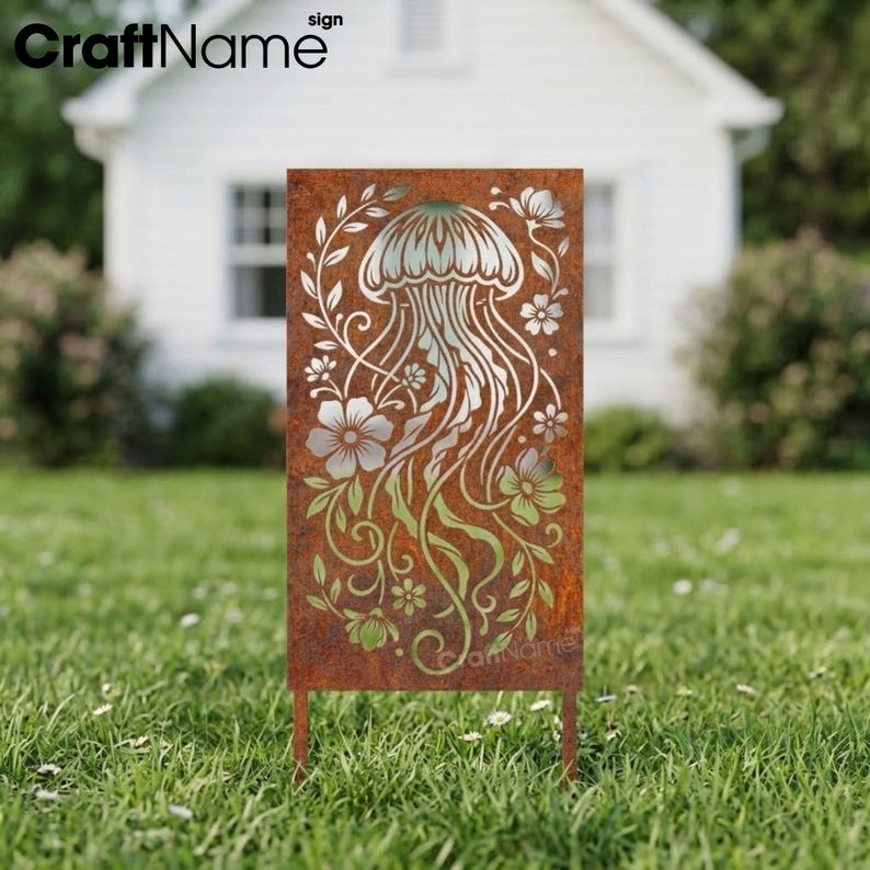 Rustic Jellyfish Flower Metal Garden Panel, Nautical Silhouette Outdoor ...