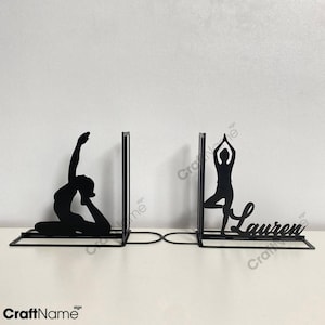Custom Woman Yoga Bookend Metal Art, Personalized Pilates Lover Name Book End, Book Stand Black Metal, Book Nook Office Decor for Book Lover