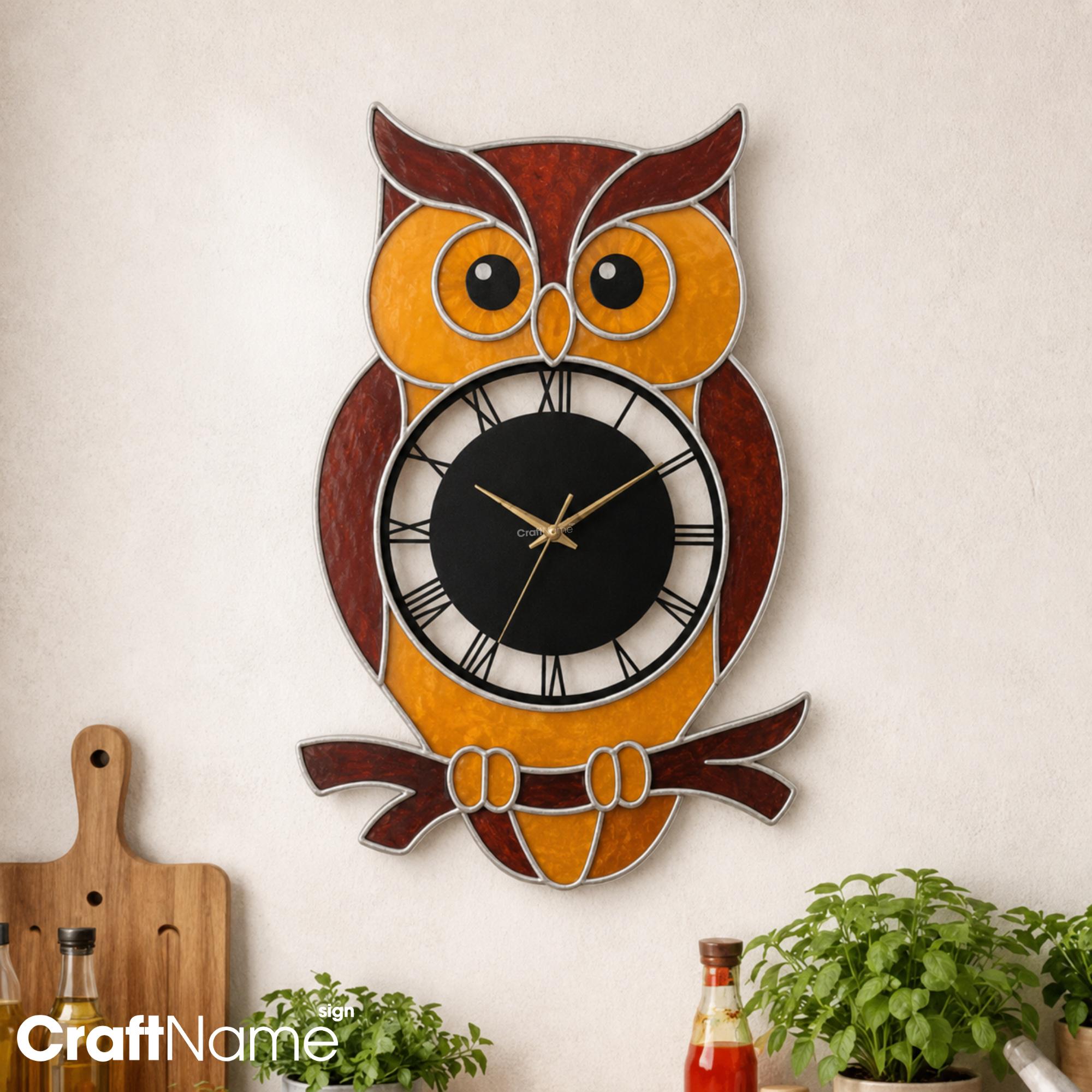 Wise Owl Stained Glass Wall Clock, Handcrafted Nature Bird Art for Bedroom Decor