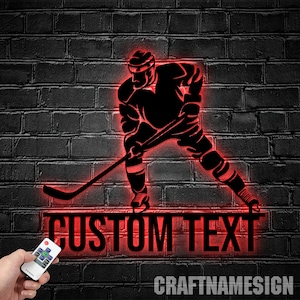 Art mural en métal hockey personnalisé lumière LED, enseigne en métal hockey, Art mural en métal bâton de hockey LED, nom de joueur de hockey, décoration murale hockey