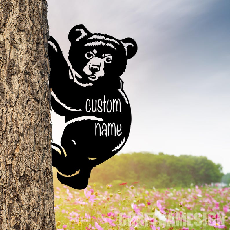 Custom Black Bear Metal Tree Stake Decor, Black Bear Garden Sculpture