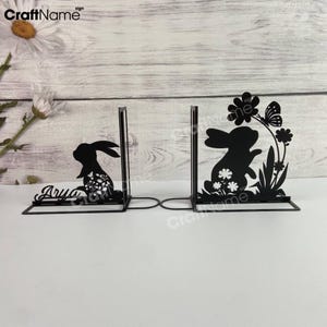 Personalized Bookend Rabbit Flower Metal Book Nook Decor, Rabbit Lover Name Book Ends, Book Stand, Unique Book Holder Metal Black Sign