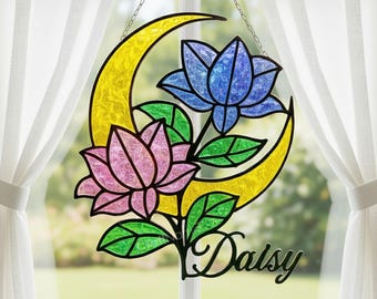 Adorno de vitral con flores, arte de vidrio artesanal para decorar ventanas del hogar, decoración floral colorida, regalo para amantes de la naturaleza.