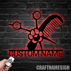 Personalized Pet Grooming Hair Salon Metal Wall Art LED Light, Custom Groomer Name Sign Home Decor, Pet Grooming Decoration Christmas Gift