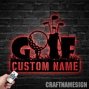 Arte de parede de metal personalizada para golfe com luz LED, decoração com nome de jogador de golfe personalizado, decoração para casa, decoração de taco de golfe, presente de golfe para homem