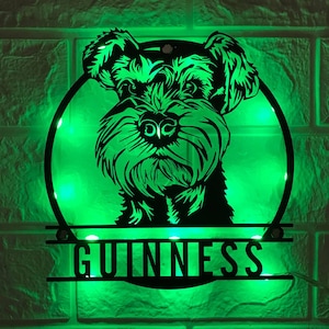 Luce LED personalizzata per arte della parete in metallo dello Schnauzer in miniatura personalizzato - Targa personalizzata con nome amante dei cani Decorazioni per la casa - Ideale per decorazioni per la casa e regali