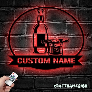 Benutzerdefinierte Bourbon Zigarre Metall Wandkunst LED-Licht | Personalisierte Whisky Rauch Schild Home Bar Pub Dekor | Cocktail Dekoration Mann Höhle Weihnachten