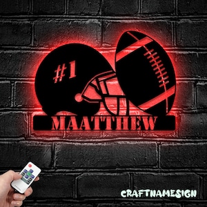 Custom American Football Helmet Metal Wall Art LED Light - Personalized Player Name Sign Home Decor - - Ideal for Home Decor & Gift
