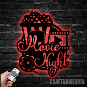 Custom Movie And Popcorn Metal Wall Art LED Light - Personalized Cinema Film Movie Name Sign Home Decor - Ideal for Home Decor & Gift