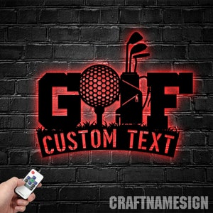 Arte de parede de metal para golfe personalizada com luz LED, placa com nome de jogador de golfe personalizada, decoração para casa, decoração de taco de golfe, aniversário, natal, pai