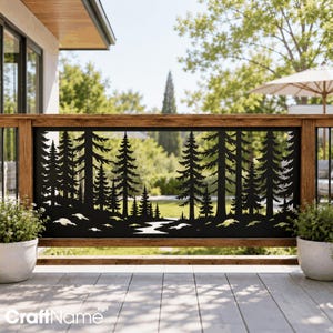 Metall-Gartenpaneel mit Flusskiefernmotiv, Sichtschutz für Balkon und Balkon im Wald-Look