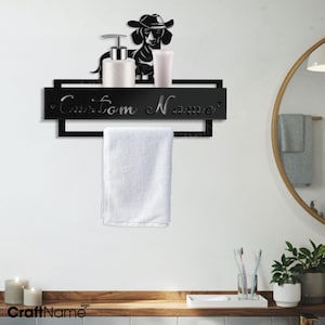 Suporte de toalha de metal personalizado para cachorro caubói bassê para decoração de parede, cabide de papel toalha de banheiro, suporte de papel higiênico, placa de suporte de toalha de metal