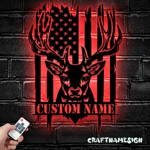 Custom US Patriotic Deer Hunting Metal Wall Art LED Light | Personalized American Buck Head Hunter | Name Sign Home Decor USA Flag Antler