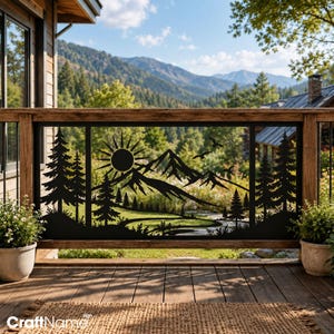 Sunrise Mountain Forest Metal Railing Panel, Pine Tree River Deck Insert, Outdoor Privacy Screen Decor