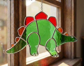 Dinosaur Stained Glass, Handmade Window Suncatcher Art, Dinosaur Glass Hanging Decor Gift for Kids Room, Dino Lovers Home Display