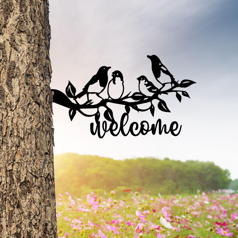 Custom Bird Family Outdoor Metal Tree Stake, Bird Garden Sculpture