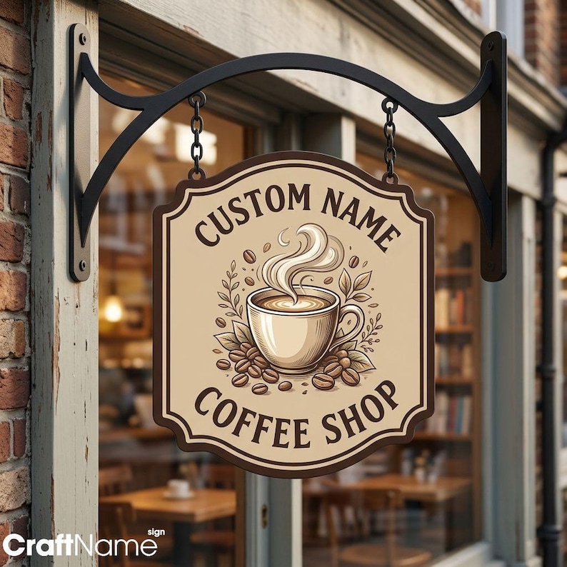 Personalized Coffee Shop Metal Hanging Sign, Rustic Cafe Storefront ...