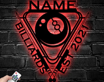 Custom Billiards Metal Wall Art with LED Light - Personalized Snooker Player Name Sign - Ideal for Home Decor & Gifts - Billiards club decor