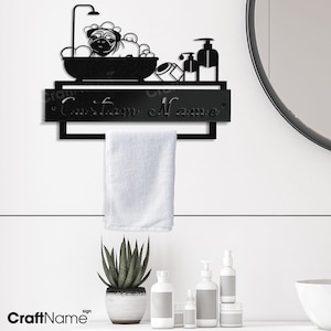 Portasciugamani in metallo personalizzato con cane carlino nella vasca da bagno per la decorazione del bagno, portasciugamani per cani, portasciugamani in metallo, portasciugamani da parete