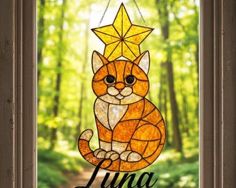 Cat Stained Glass Window Hanging, Handcrafted Glass Suncatcher with Playful Feline Design for Balcony Decoration, Gift for Cat Lovers