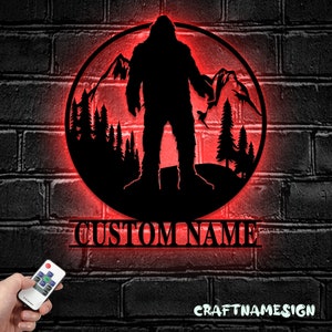 Custom Bigfoot Metal Wall Art LED Light - Personalized Sasquatch Name Sign Home Decor - Ideal for Home Decor & Gift