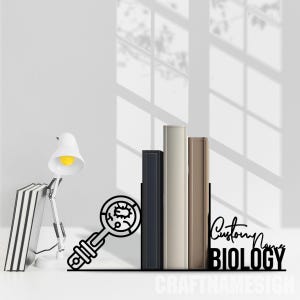 Personalized Biology Bookend Table Metal Decor, Custom Biologist Office Name Book End, Book Stand Black Metal Art, Book Nook Office Decor