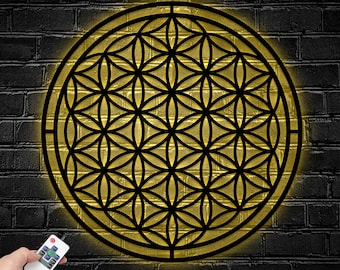 Sacred Geometry Metal Wall Art Led Light, Home Meditation Metal Yoga Wall Deco, Zen Metal Home Decor, Flower of Life, Metatron Cube Wall Art