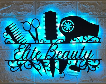 Custom Hair Salon Metal Wall Art LED Light - Personalized Hair Stylist Name Sign Decor - Hair Stylist Gifts - Gift For Hair Stylist