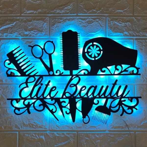 Custom Hair Salon Metal Wall Art LED Light - Personalized Hair Stylist Name Sign Decor - Hair Stylist Gifts - Gift For Hair Stylist