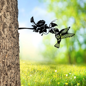 Custom Hummingbird With Flowers Metal Tree Stake, Hummingbird Garden Sculpture Metal Tree Art, Laser Cut Metal Garden Art, Gift for Grandma