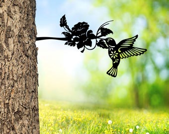 Custom Hummingbird With Flowers Metal Tree Stake, Hummingbird Garden Sculpture Metal Tree Art, Laser Cut Metal Garden Art, Gift for Grandma