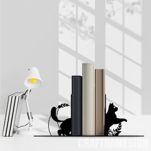 Cat With Moon Metal Book End, Personalized Cat Book End, Book Stand Black Metal Art, Book Nook Office Decor for Book Lover, Cat Lover Gift