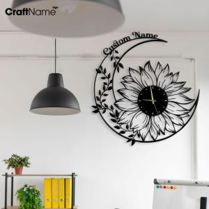 Custom Sunflower Moon Metal Wall Clock, Modern Metal Flower, Unique Indoor Decor, Personalized Sunflower Wall Clocks, Sunflower Lover Gifts