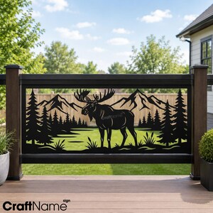 May include: A black metal railing insert featuring a laser-cut silhouette of a moose standing in a forest landscape with pine trees and mountains in the background. The design includes the text CraftName integrated into the metal artwork.