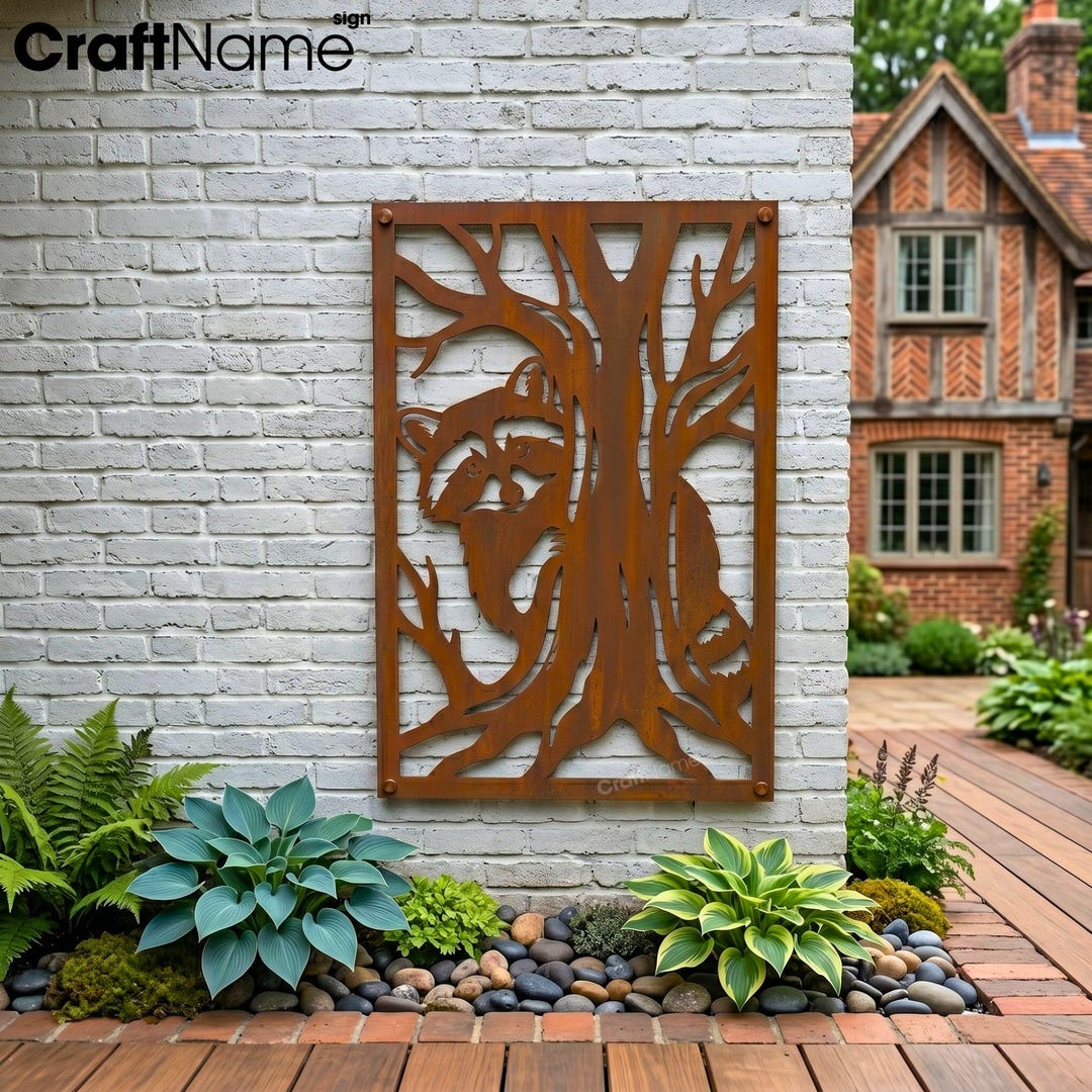 Metal Racoon Panel Whimsical Backyard Raccoon Metal Garden Wall Panel, Weathering Steel ...