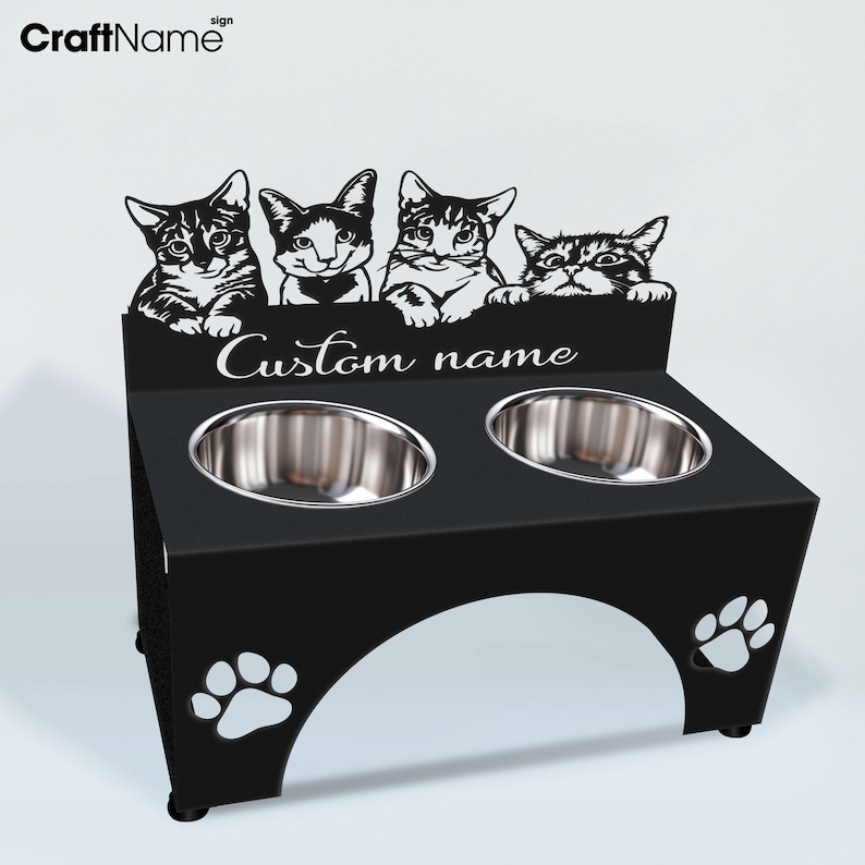Personalized Peeking Cats Metal Pet Bowl Holders, Cat Food Stand, Food ...