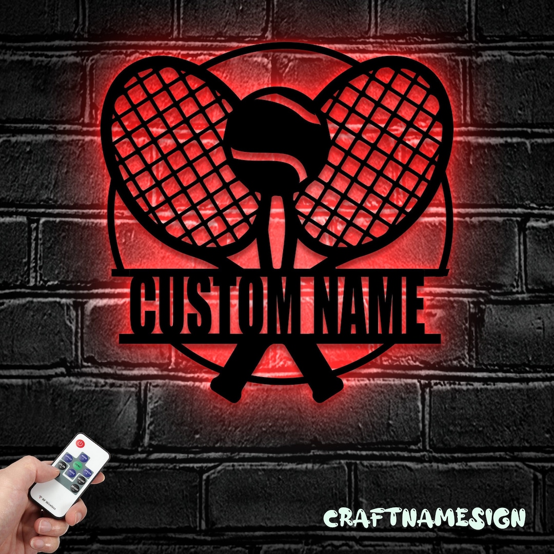 Tennis Racket Sign Custom Custom Ball Racket Tennis Metal Wall Art LED Light Personalized Tennis ...
