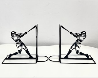 Sujetalibros metálicos personalizados con diseño de jugador de béisbol, soporte para libros de metal negro, decoración para rincón de lectura u oficina para amantes de los libros.