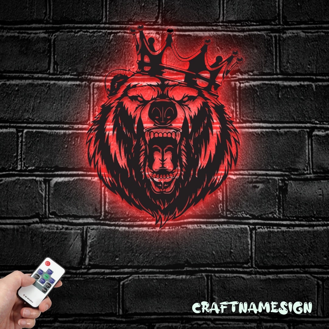 Grizzly Bear Metal Wall Art LED Light Angry Bear Name Sign Home Decor