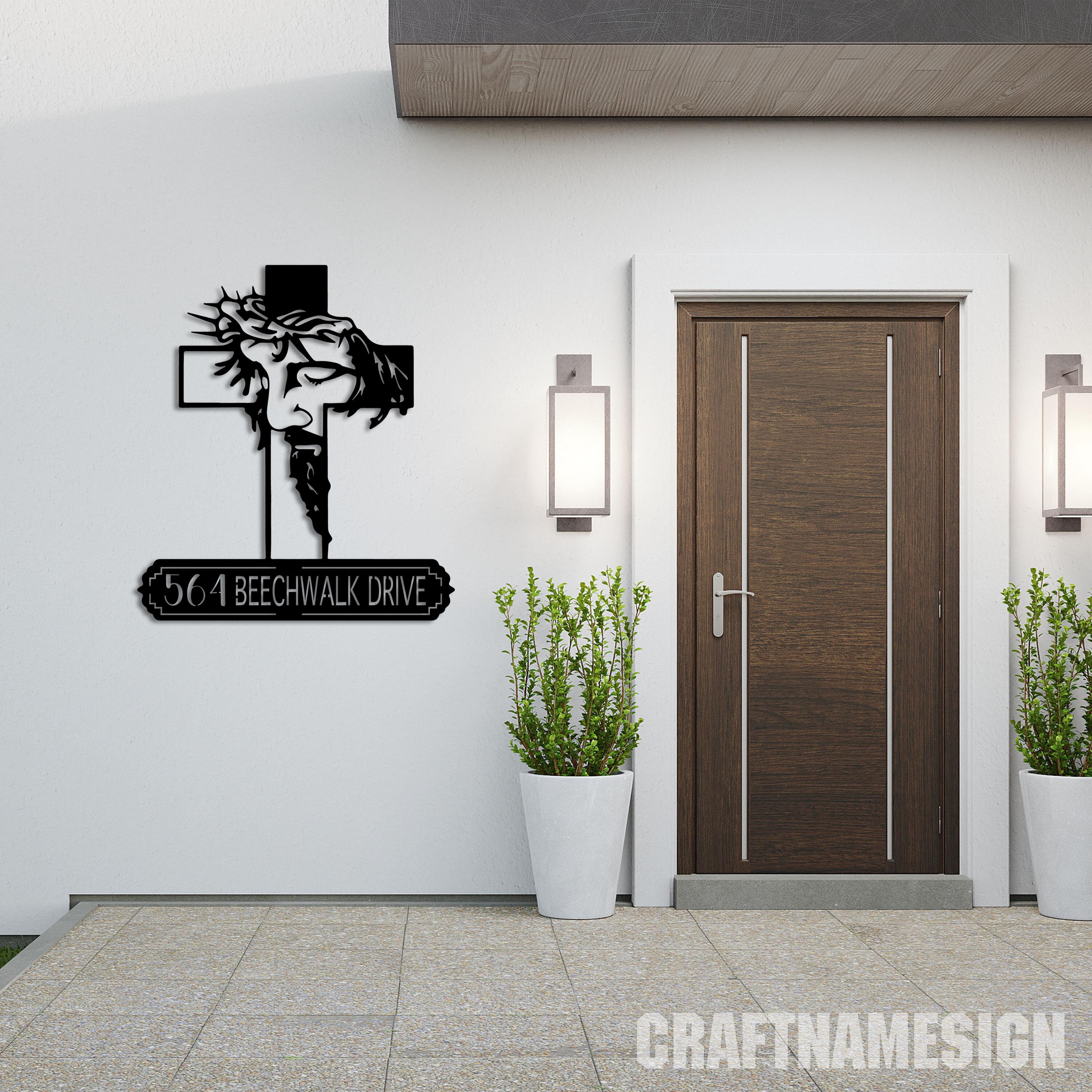 Custom Jesus Cross Religious House Number Metal Sign, Jesus God