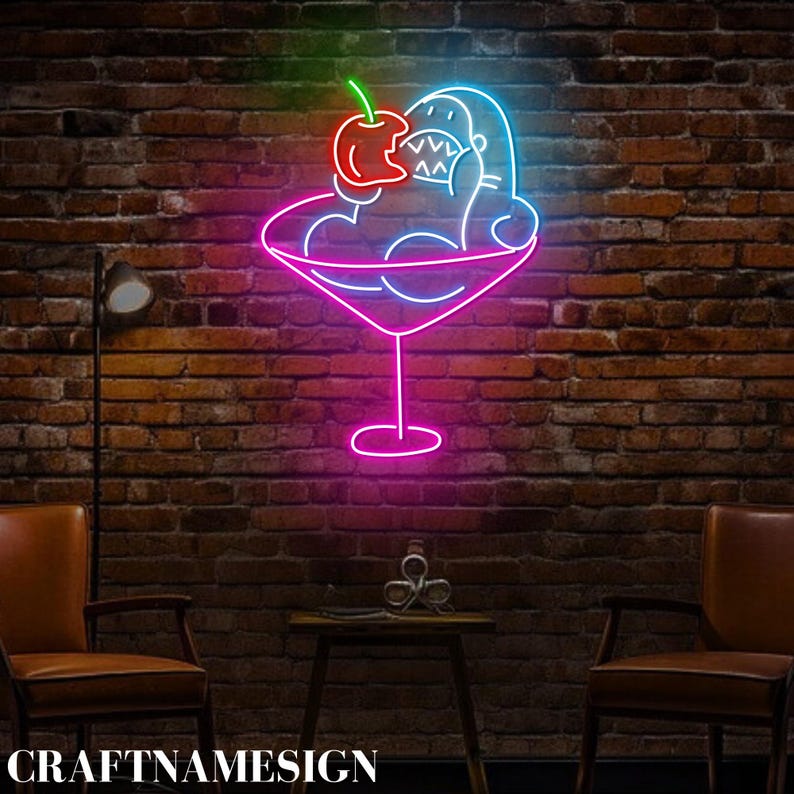 Shark in Cocktail Glass Neon Sign, Shark Cocktail Led Sign, Custom Neon