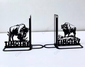 Custom Bison Bookend Metal Sign, Personalized Bison Lover Name Book Ends, Book Stand Black Metal Art, Book Nook Office Decor for Book Lover