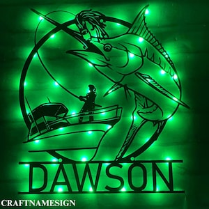 Custom Marlin Fish Fishing Metal Sign, Marlin Fish Metal LED Decor, Personalized Marlin Fish Lover Name Sign, Fisherman Led Light Wall Decor