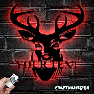 Custom ELK Deer Hunting Metal Wall Art LED Light | Personalized Buck Head Hunter Name Sign | Home Decor Antler Cabin Decoration