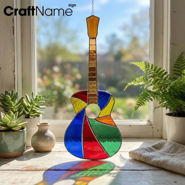 Handmade Guitar Stained Glass Art, Colorful Musician Window Decor, Vibrant Glass Suncatcher for Music Lovers, Unique Home Decoration or Gift