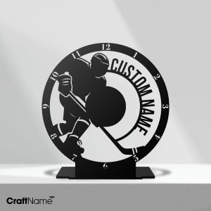 Personalized Ice Hockey Metal Silent Clock For Desk, Custom Tabletop Black Clock Office Decor, Corporate Gifts, Ice Hockey Table Clock