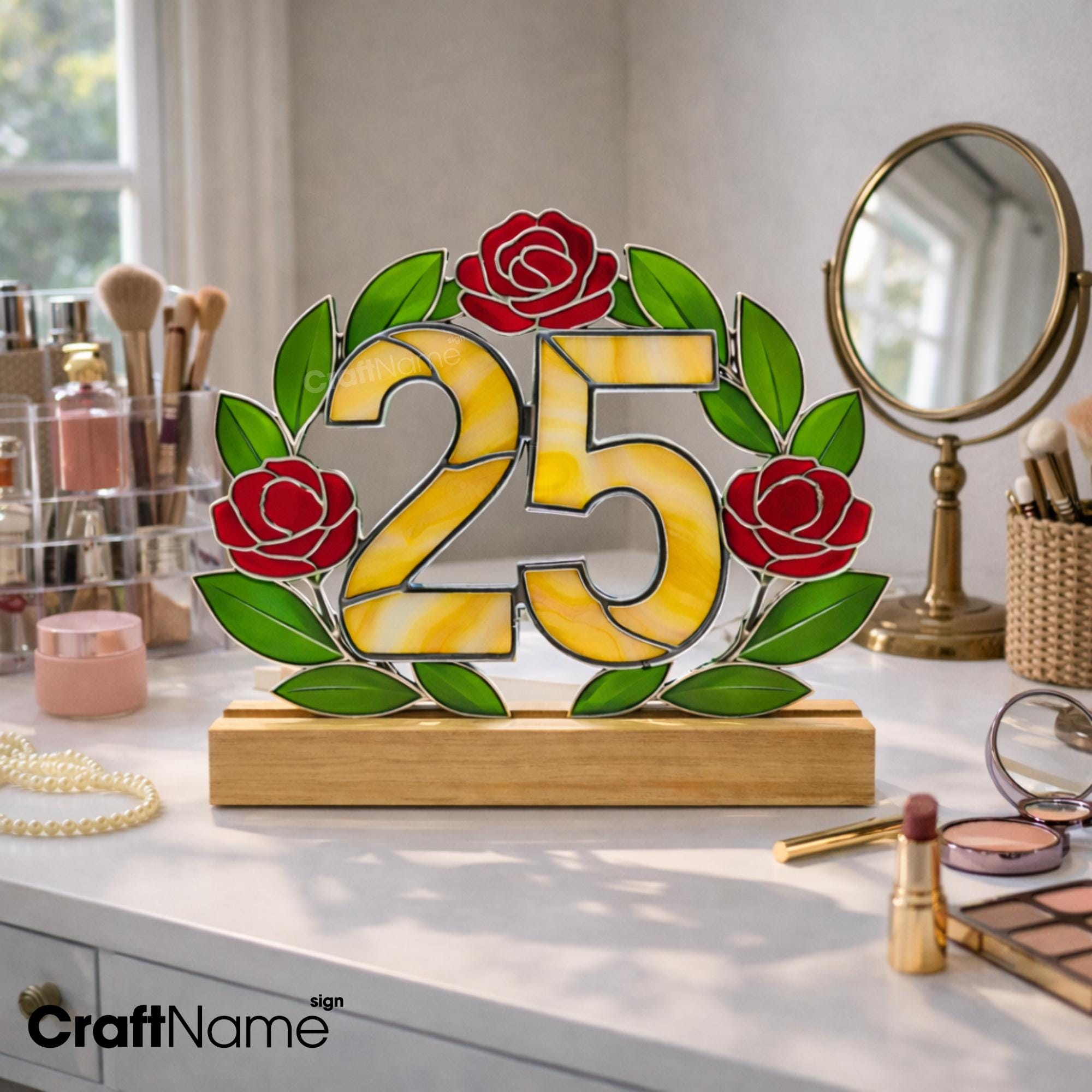 Custom Birthday Stained Glass on Wooden Base, Handmade Rose Glass Art ...