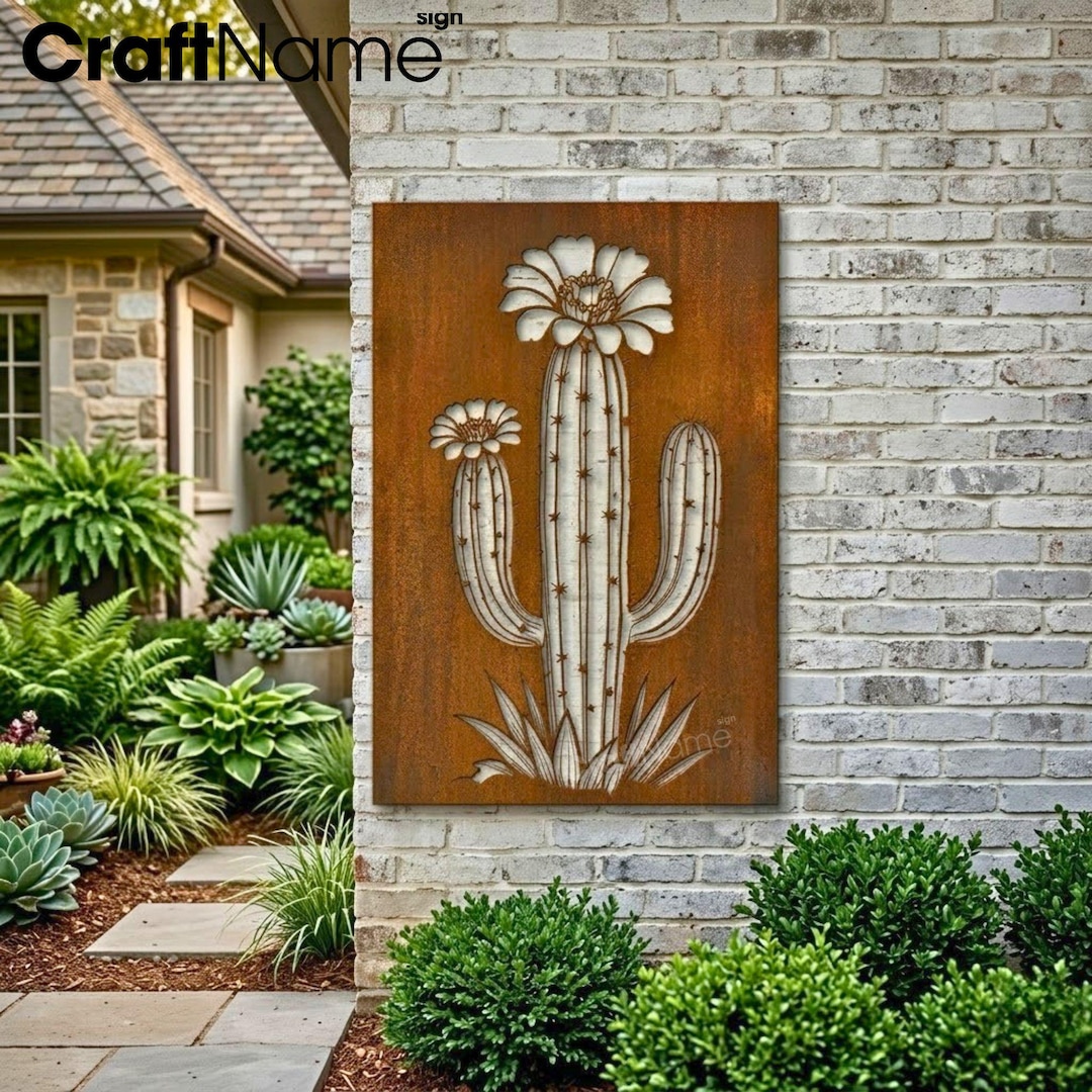 Rusty Cactus Silhouette Metal Garden Wall Panel, Desert House Steel ...